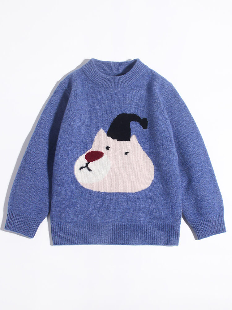 Kids Cute Bear Face Blue Cashmere Pullover Sweater